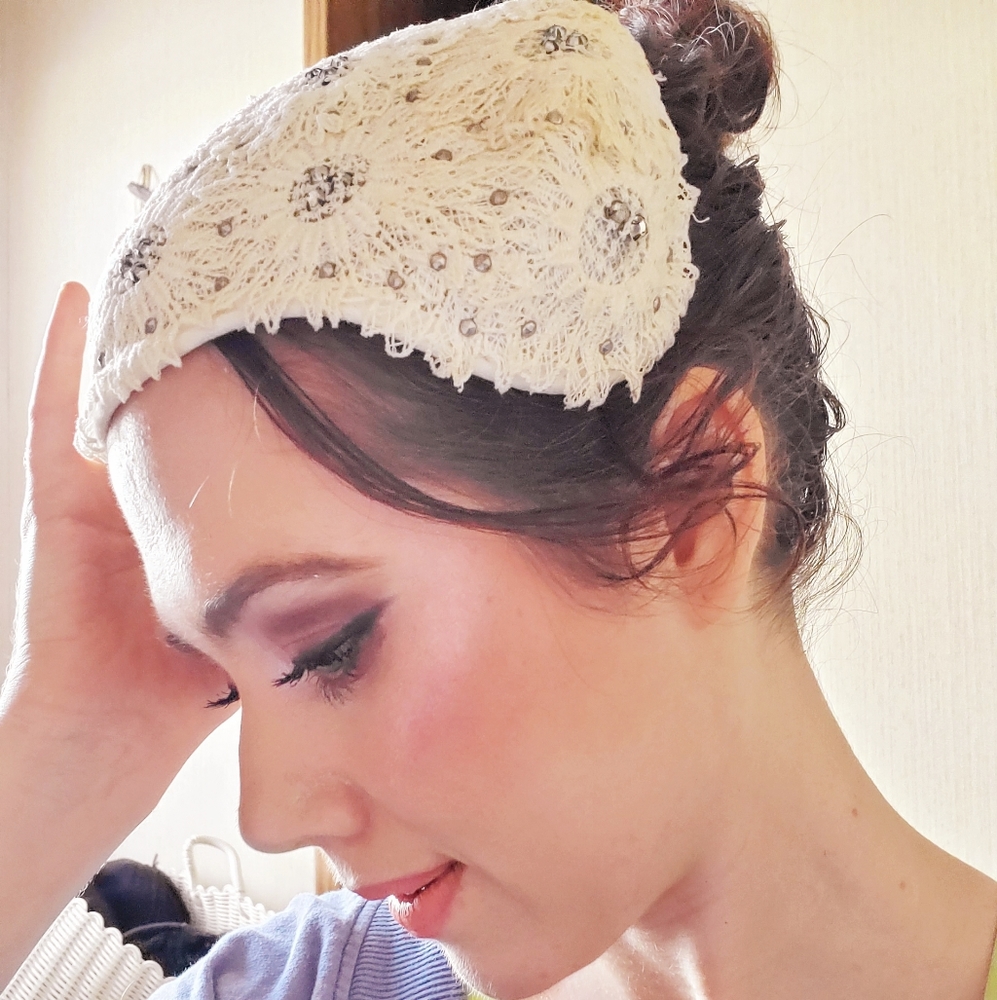 Cream Vintage Lace and Rhinestone Calot Hat